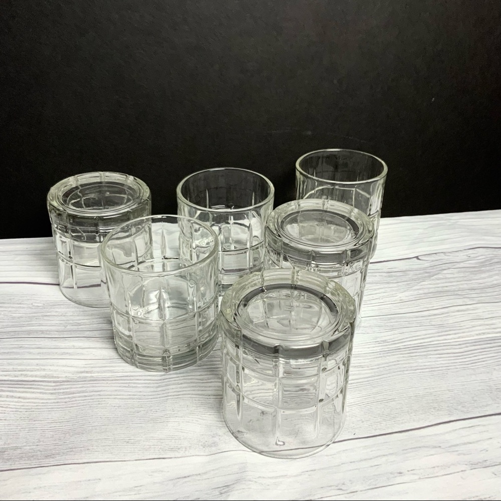 6 Vintage Anchor Hocking Manchester Plaid Tartan Clear Bar Ware Glasses